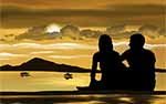 couple, sunset, mountains